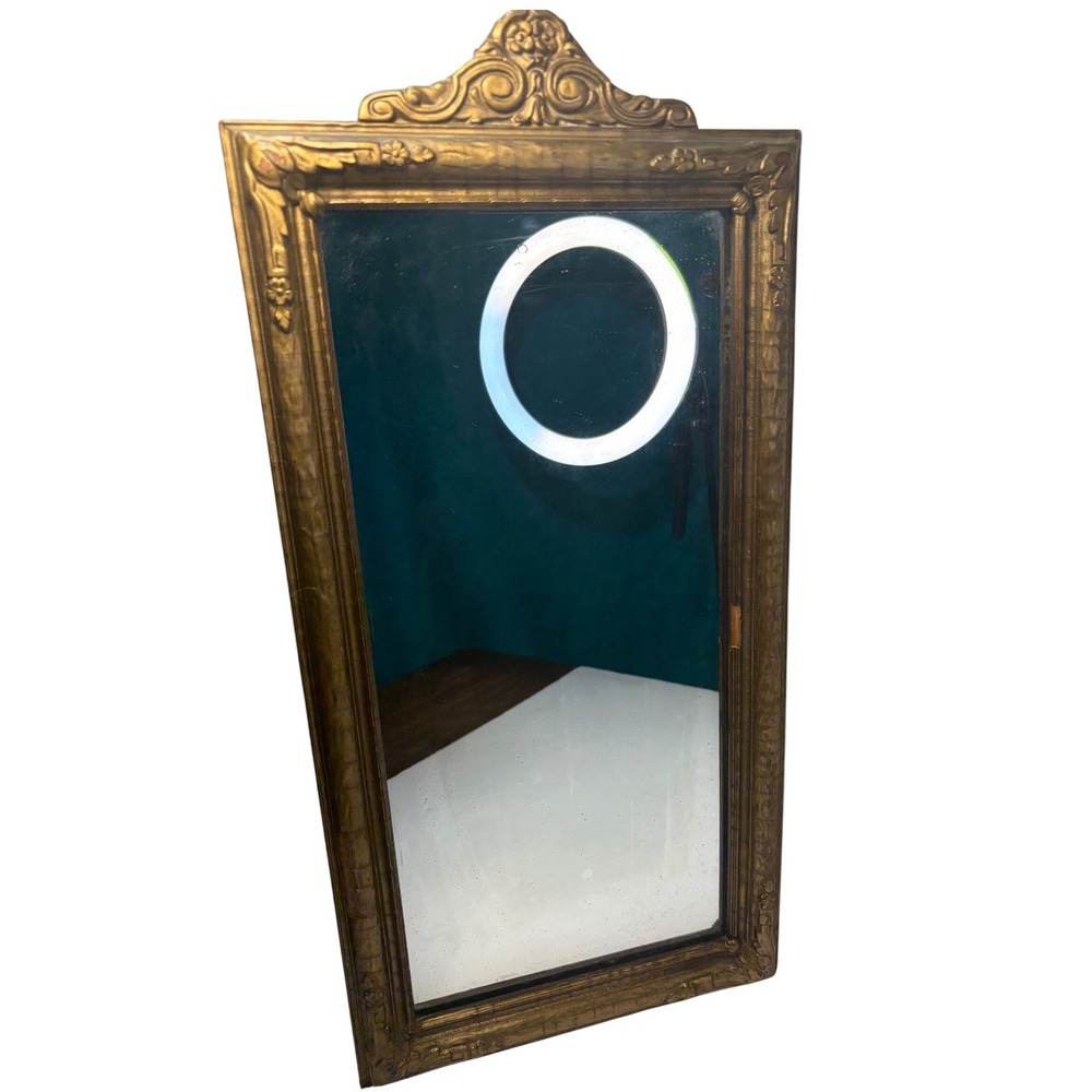 Ornate Gold Gilt Wood Framed Wall Mirror Rectangular Floral Pediment Antique
